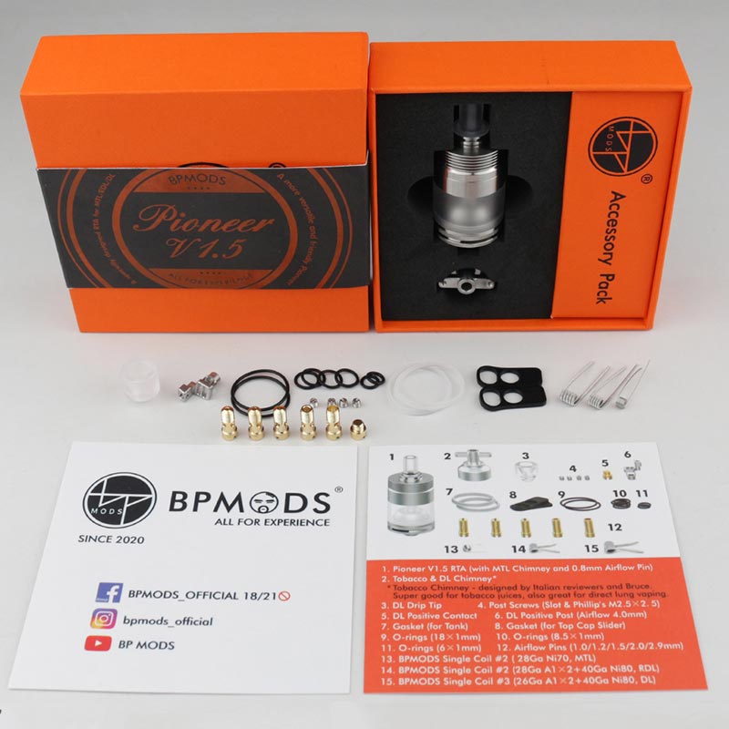 BP MODS Pioneer V1.5 RTA Atomizer 3.7ml (with MTL Chimney and 0.8mm Airflow Pin)